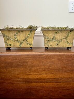 Vintage Pair of Tole Planters Olive Green with Hand Painted Leaf Garland